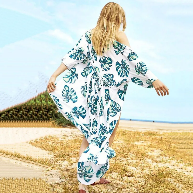 Vintage أوراق الاستوائية طباعة بيكيني Cover طويلة تونك فستان شاطئ الصيف عادية أنيقة النساء ملابس الشاطئ