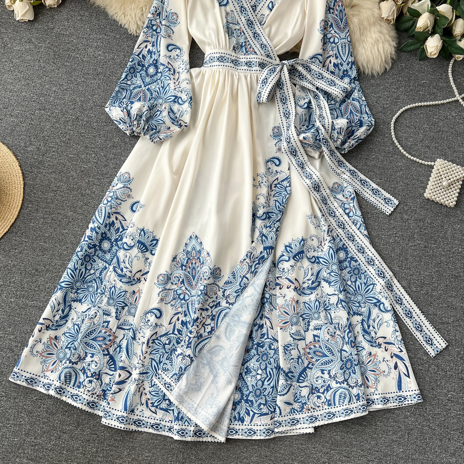 Imagem -06 - Vestido Longo Floral Vintage Feminino Ruched Manga Cheia Luxo Algodão Cintura Feminina Renda para Cima Maxi Passarela Traf Novo Outono