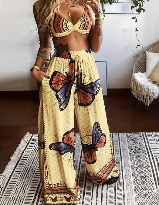 Women Sexy suits 2024 Spring/summer Latest Charming V-Neck Printed Twisted Sleeveles Top Wide Leg Pants Long Pants Two Piece Set