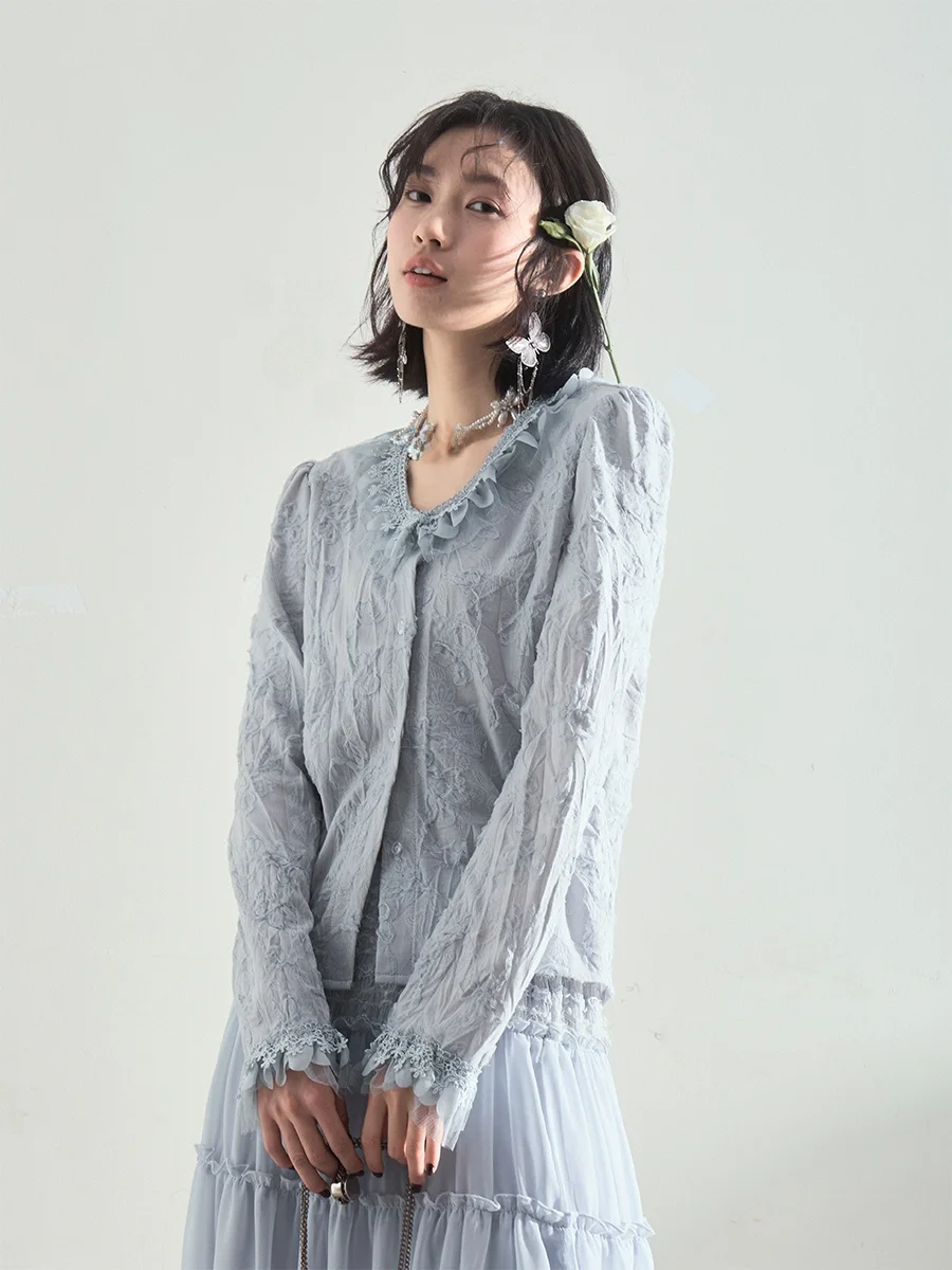 

Liparpa Early Spring Long Sve Embroidered Lace Floral Patchwork 3D Stitching irt Vintage Sle Slim Fit Women's Blouse