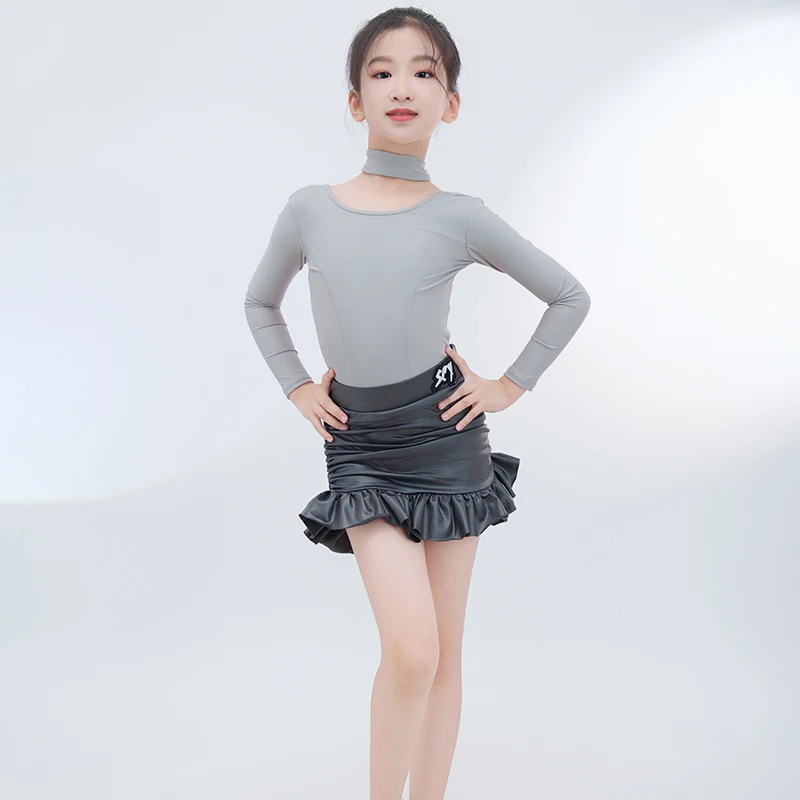 

Girls Grey Latin Dancing Clothes Bodysuit Skirt Ballroom Dance Practice Wear Samba Rumba ChaCha Performance Costume VDB7825