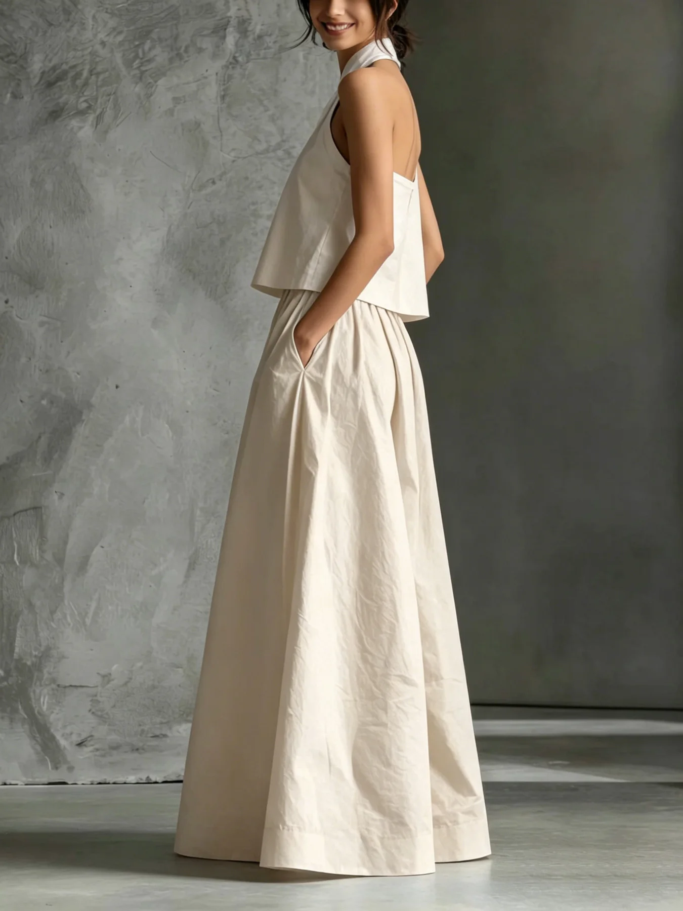 Women's Two-Piece Set, Loose Neck Sleeveless Top, High-Waisted Wide-Leg Pants, Comfortable Casual, Summer Fashion Ensemble