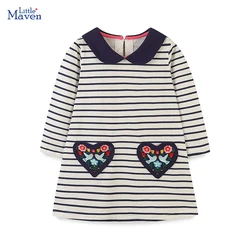 Little maven 2024 Korean Baby Girls Long Sleeves Dress Stripe Cartoon Hearts Cotton Children's Clothing Casual Clothes for Kids