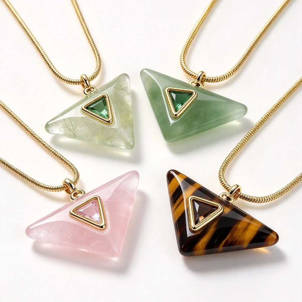 1PC Polished Triangular Natural Mineral Stone Necklace With Tiny Crystal Inlay Modern Trendy Neck Jewelry Golden Plated N2C1114