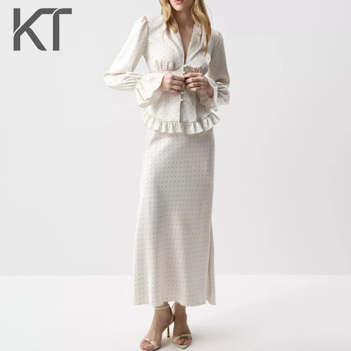 

KT Elegant Vintage White Polka Dot Two Piece Set For Women Ruffle Hem Blouse & High Waist Maxi Skirt Formal Dresses