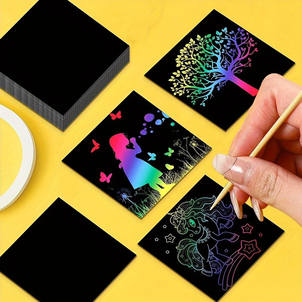 

100PCS Rainbow Magic Scratch Off Art Set Black Scratch Paper Cards with 2 Bamboo Stylus Pens Educational DIY Craft Toy