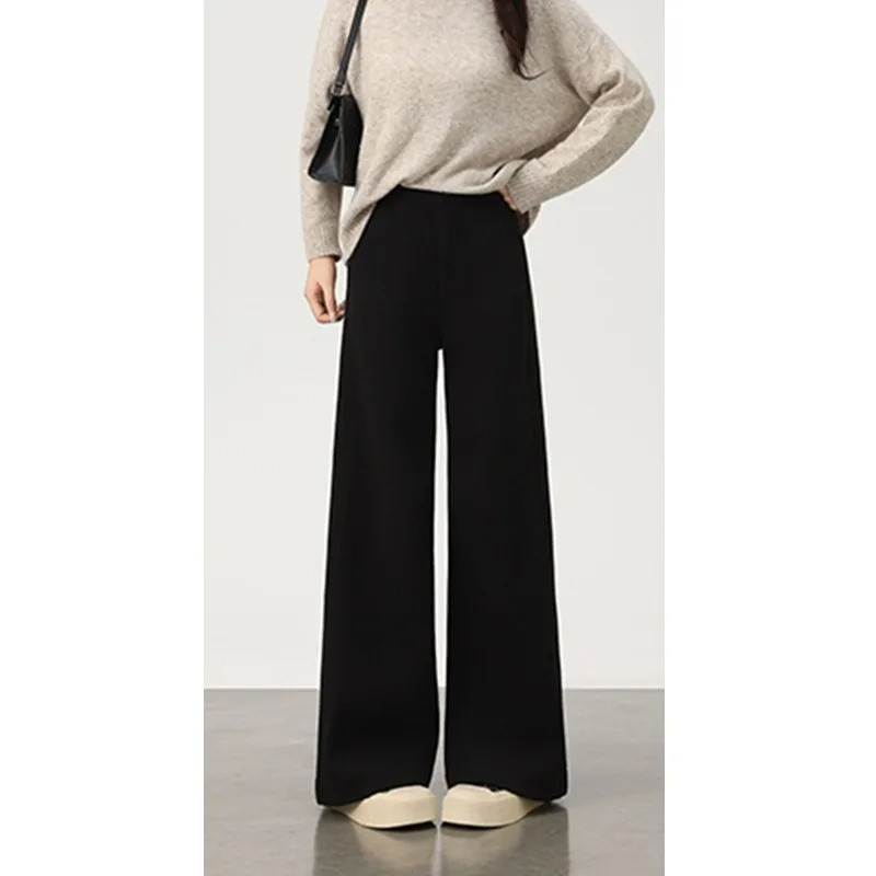 النساء الصوف بنطال ذو قصة أرجل واسعة الخيوط مرونة الخصر الكشمير بنطلون الخريف الشتاء 100% ميرينو الصوف محبوك لينة الشق تصميم السراويل #2