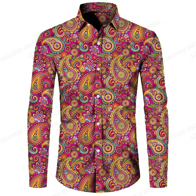 Men Fashion Designer Casual Long Sleeve Shirts Full Print Paisley Floral Hawaiian Shirts Plus Size Button Up Vintage Shirt Tops