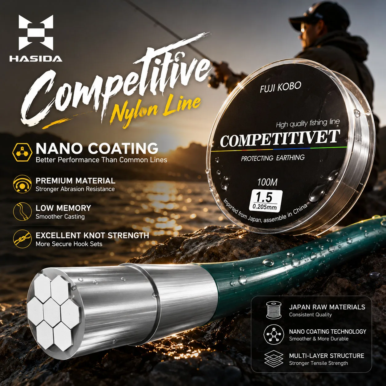 HASIDA FUJI KOBO Nylon Japanese Imported 0.8#-8.0# 100m Super Strong Raw Transparent 3.1-19.1KG Strength Fishing Line