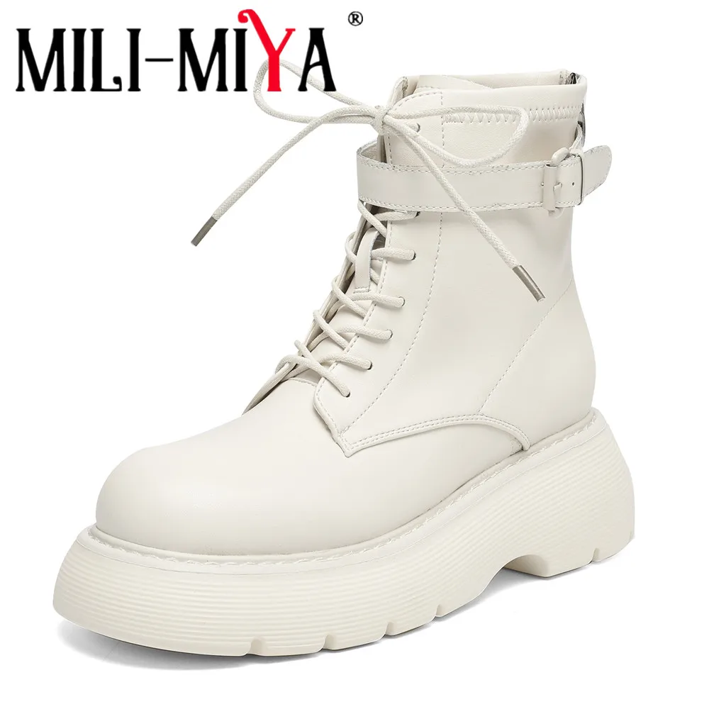 

MILI-MIYA/женские однотонные ботильоны из воловьей кожи, удобная повседневная обувь с круглым носком и противоскользящей подошвой, регулируемая до щиколотки, большой размер