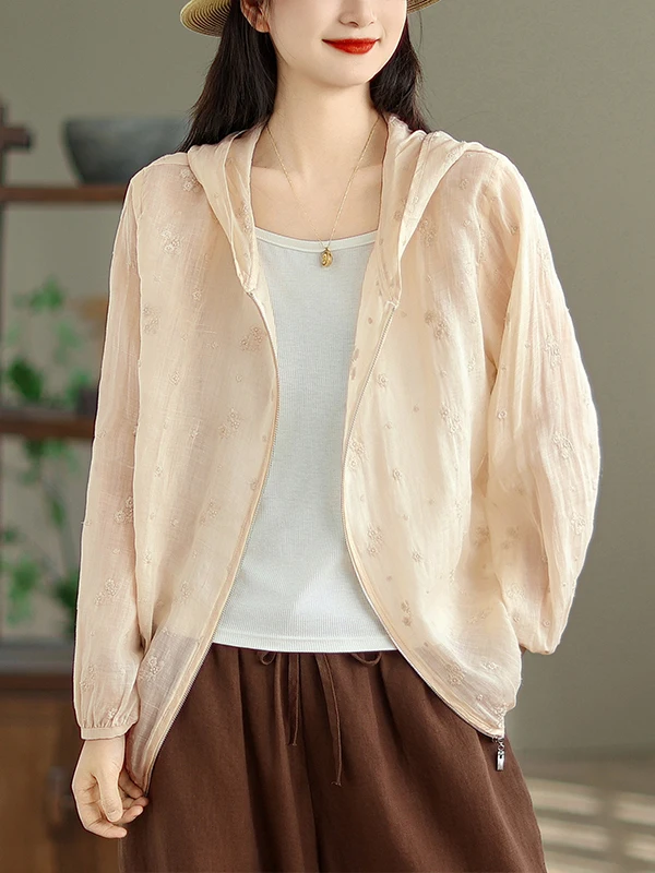 

Loose Fit Embroidered Flax ort Jaet Women's Summer Thin New Sle Casual Hooded Open Cardigan Sun Protection Clothes