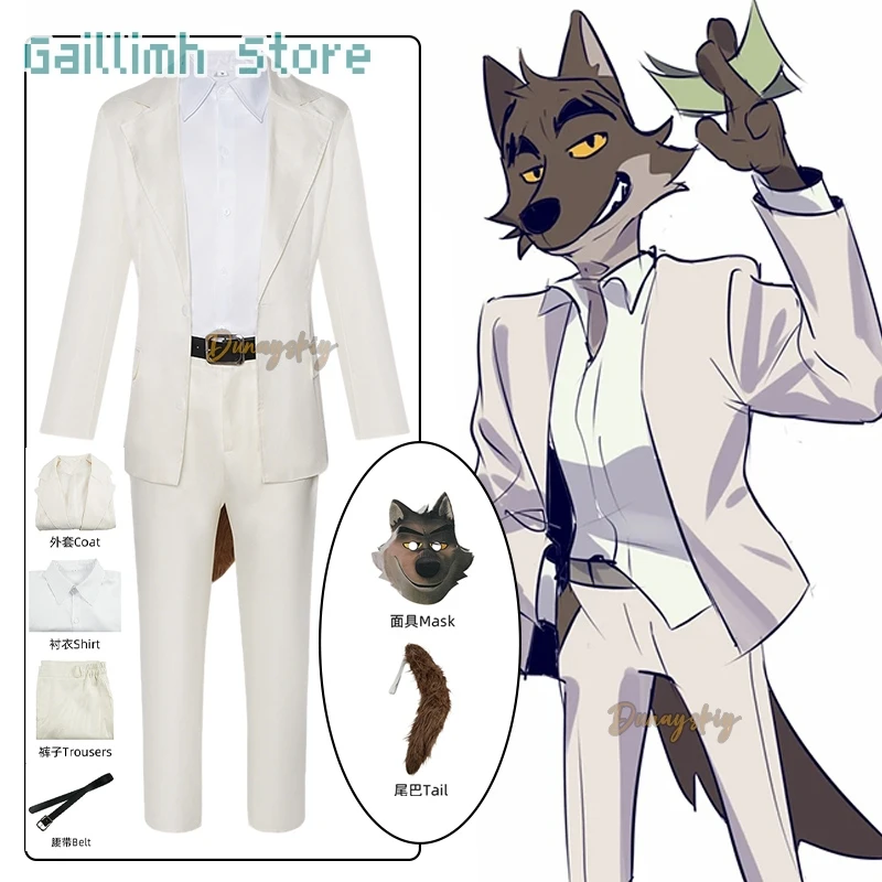 

Halloween Bad Wolf Cosplay Guys Costume Wolf Hood/Wolf Tail Full Set Accessory Halloween Disguise Suits White Unisex Outfit