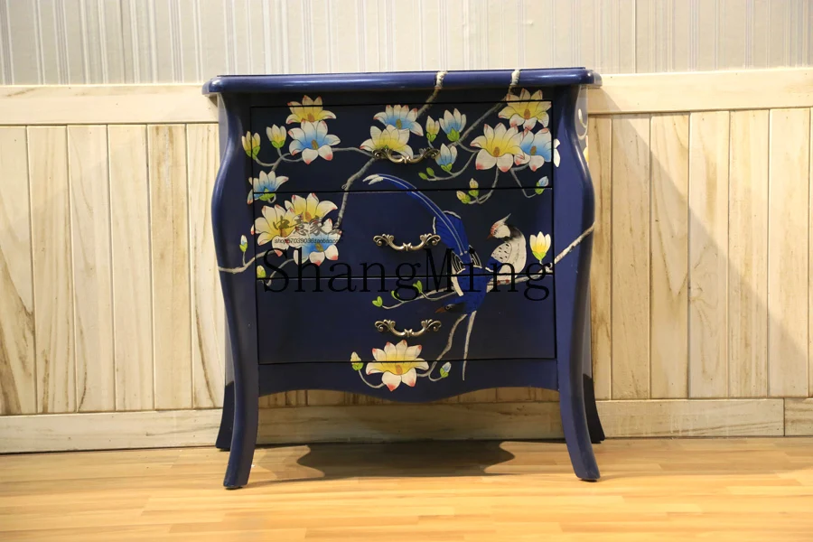 SM household solid wood blue hand-painted bedside table corner phone table storage decorative cabinet