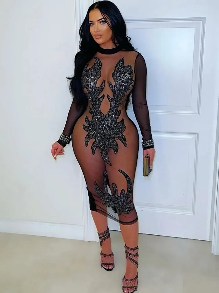 ชุดเดรสยาวแขนยาวสีดำแบบหรูหรา ปี 2026 เสื้อผ้าผู้หญิง ชุดลำลองสำหรับงานปาร์ตี้ งานเลี้ยงตอนเย็น ชุดเดรสทรงดินสอซีทรูวิบวับ เซ็กซี่