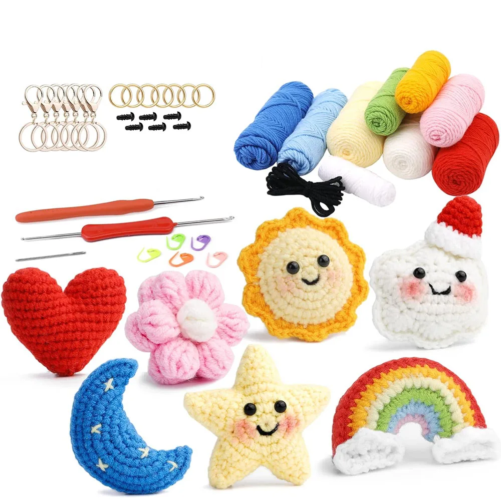 Crochet Material Pack Star Moon Flower Pendant wih Knitting Yarn Crochet Hook Fiber Fill for Beginners