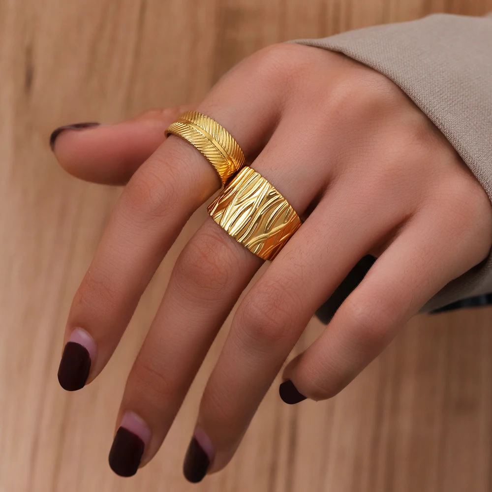 Stainless Steel Rings Vintage Geometric Stripes Fashion Adjustable Open Oil Pressure Wide Ring For Women Jewelry Banquet Gifts