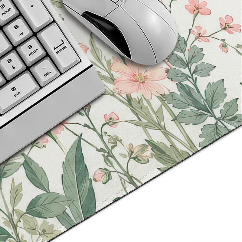 Mouse Pad Gaming Green Leaves Pink Flowers XL Home Mousepad XXL Playmat Non-Slip Office Natural Rubber Desktop Mouse Pad