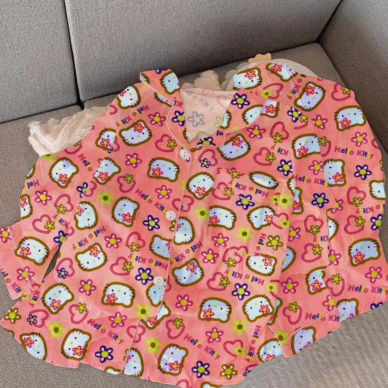 Sanrio Hello Kitty estampado de dibujos animados primavera y otoño pijamas finos de manga larga para mujer cárdigan con solapa lindo conjunto de ropa de descanso