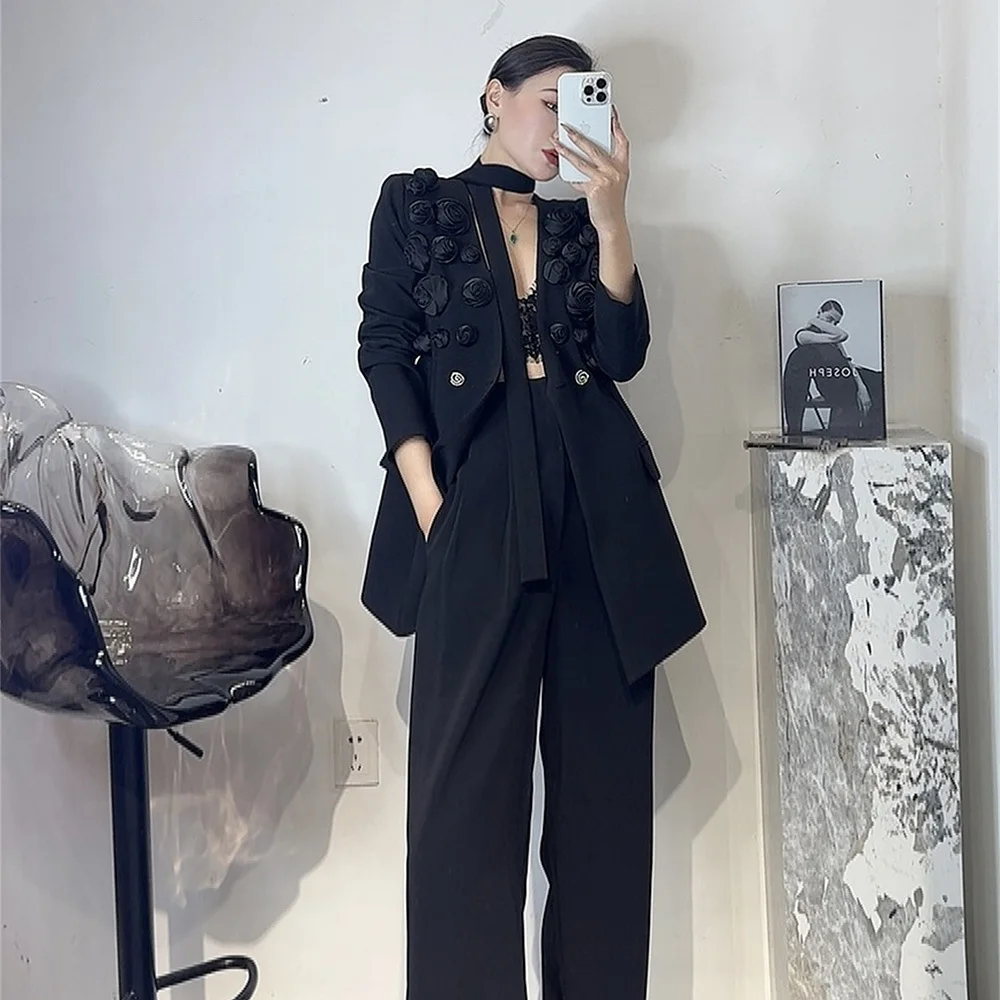 TWOTWINSTYLE Solid Two Piece Set For Women Lapel Long Sleeve Spliced Appliques Coat High Waist Wide Leg Pant Chic Sets Female