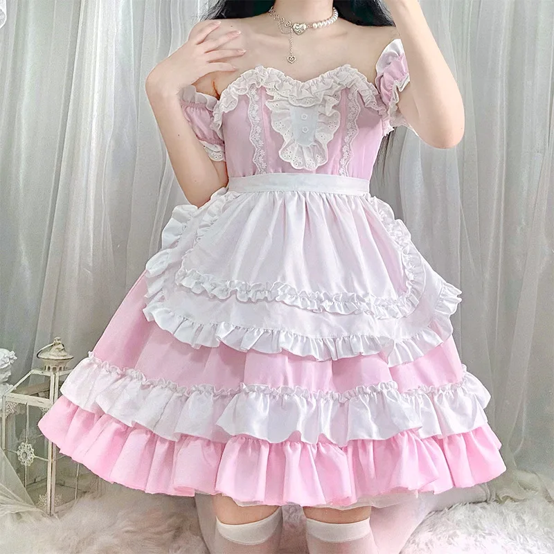 Leuke Meid Kostuum Voor Vrouwen Feest Prinses Koffie Meid Cosplay Roze Lolita Jurk Japanse Kawaii Anime Serveerster Rollenspel Outfit