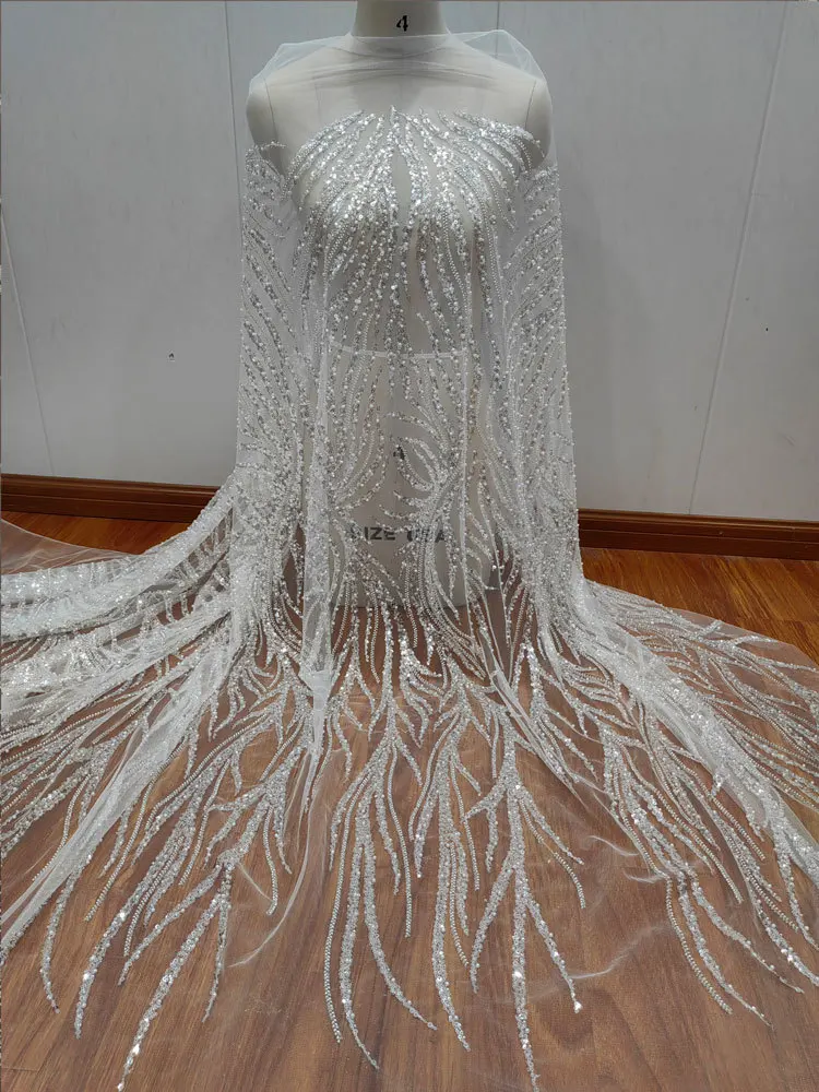 

French Light Luxury Silver Chain Style White Studded Sequin Wedding Dress Mesh DIY Lace Fabric Accessories