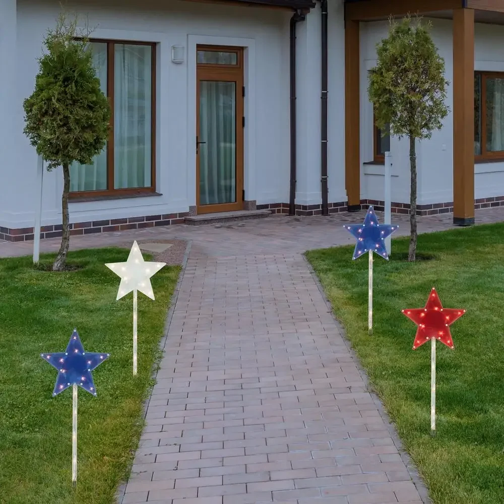 Patriotic Americana Star Pathway Marker Lights Set of 4 Clear Mini Bulbs UL Certified Festive Holiday Decor