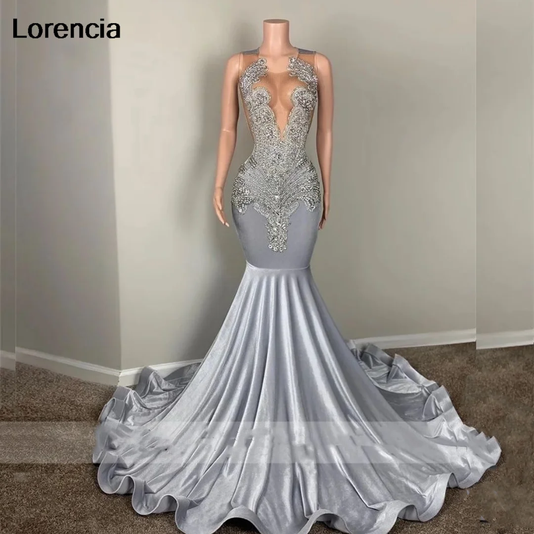Lorencia Glitter Mermaid Silver Prom Dress For Black Girls Beaded Crystal Birthday Formal Party Gown Vestidos De Festa YPD61