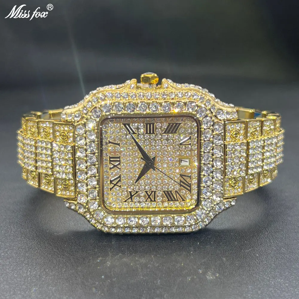 

MISSFOX полностью бриллиантовые часы для мужчин, популярные кварцевые часы из розового золота, модные ювелирные изделия в стиле хип-хоп, Reloj Hombre, дропшиппинг