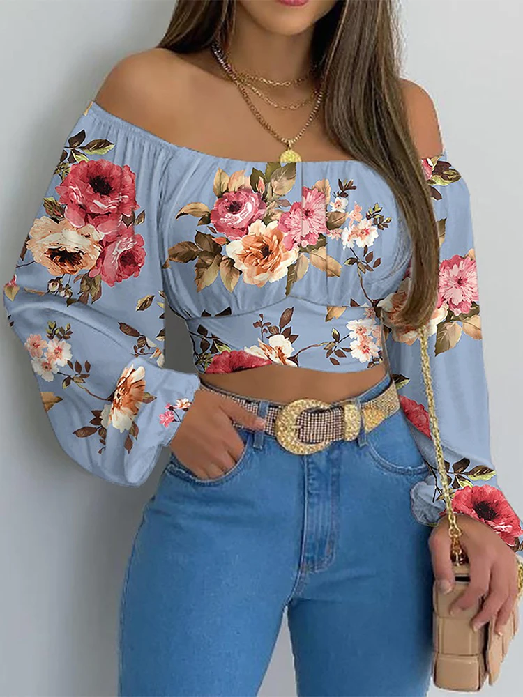 Women Sexy Off Shoulder Blouse Chic and Elegant Printing Lantern Long Sleeve Lace Up Bow Cropped Tops Casual Slim Shirts 2024