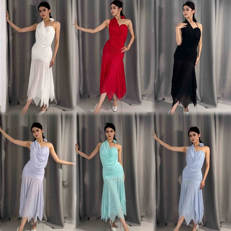 Adults Rumba Latin Dance Costumes Women Waltz Ballroom Dance Clothes Irregular Latin Top Skirt Stage Practice Wear SL13618