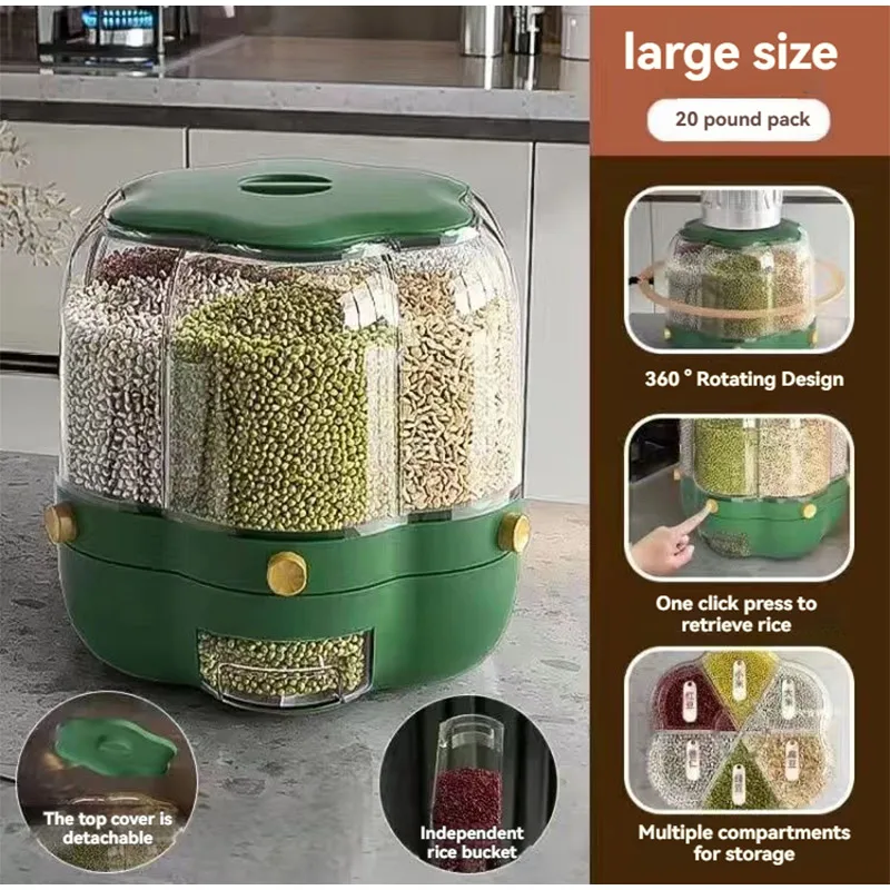 

C2 360 Degree Rotating Rice Dispenser Sealed Dry Cereal Grain Bucket Dispenser Moisture-proof Kitchen Food Container Storage Box