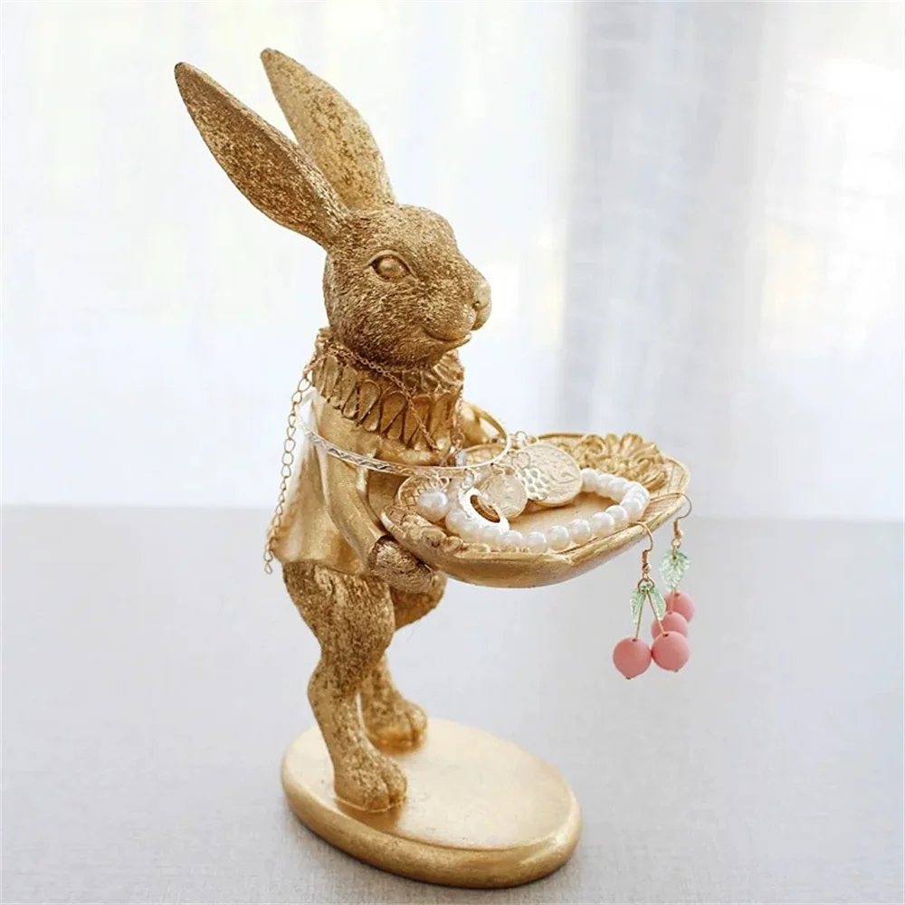 Retro Golden Cute Bunny Statue Decor Jewelry Tray Trinket Holder Decorative Easter Rabbit Resin