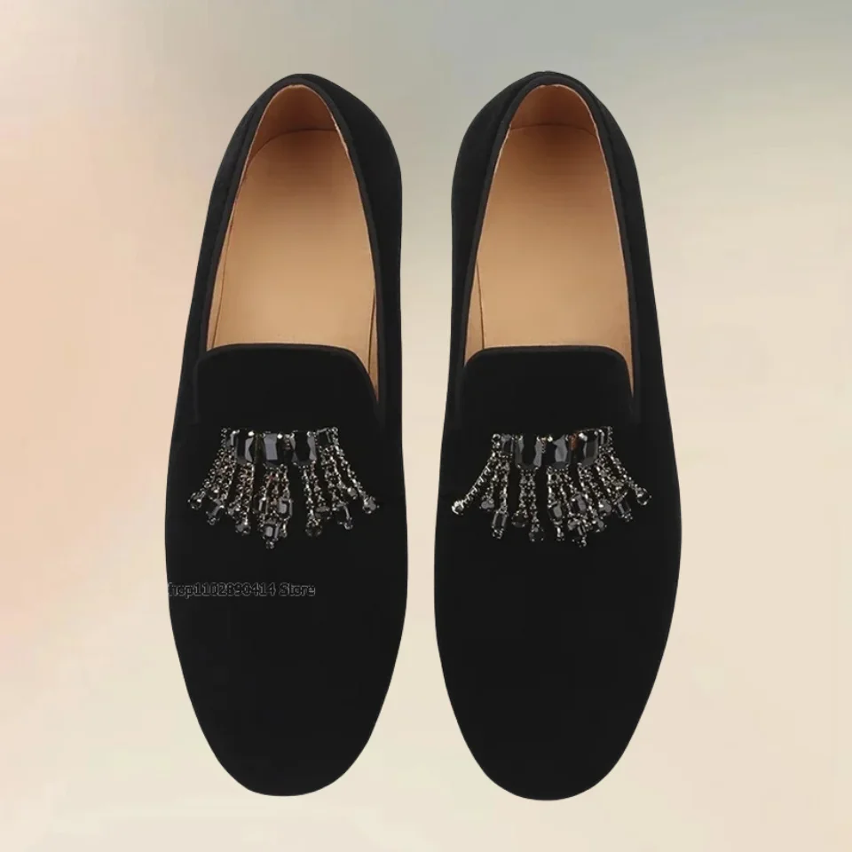 String of Beads Decor Black Flock Loafers Fashion Comfort Slip On Men Shoes New Novel Handcraft Party Wedding Men Casual Shoes