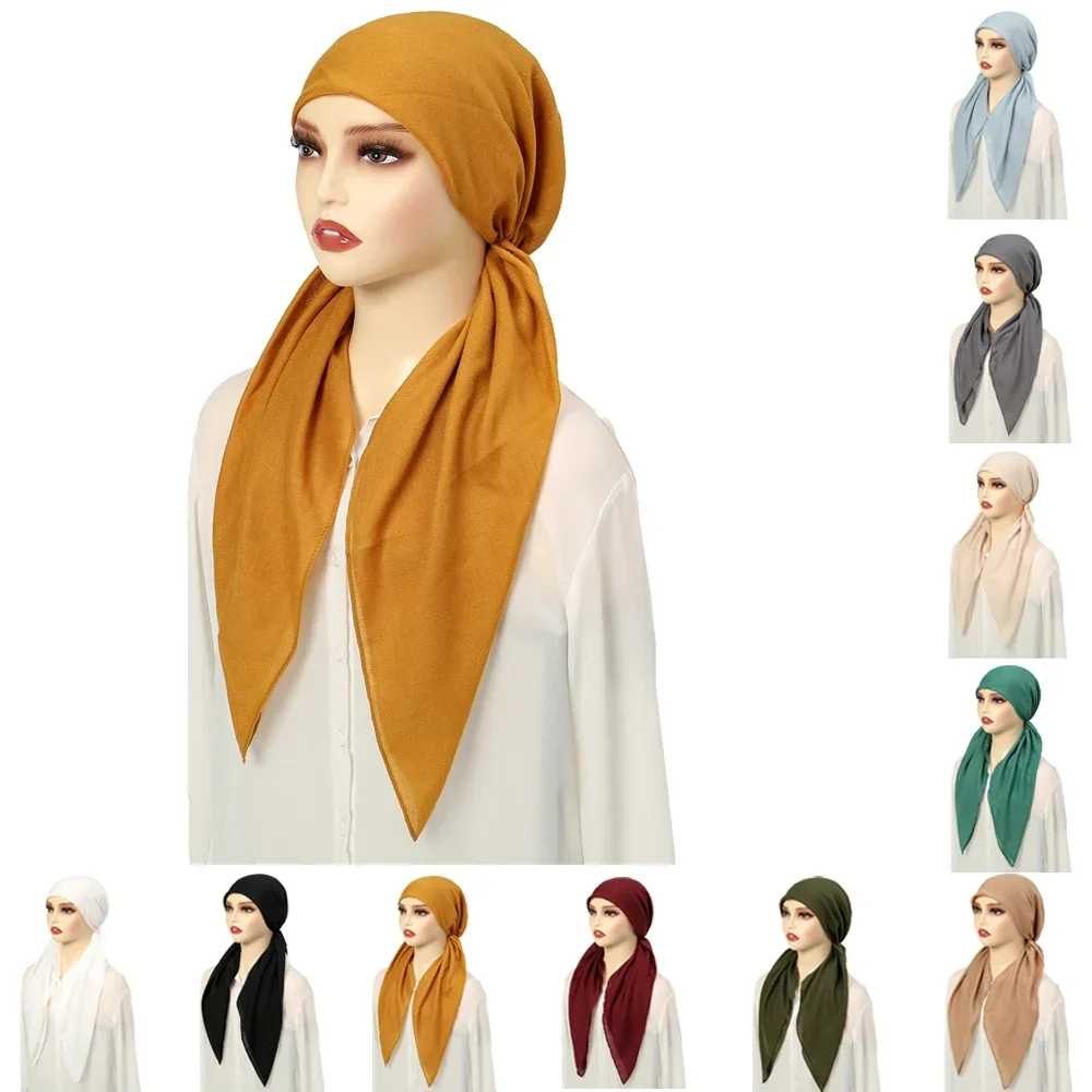 

Fashion Women Muslim Hijab Pre-Tied Turban Beanies Solid Color Bonnet Cancer Headwrap Scarf Arab Hat Femme Solid Color Headcover