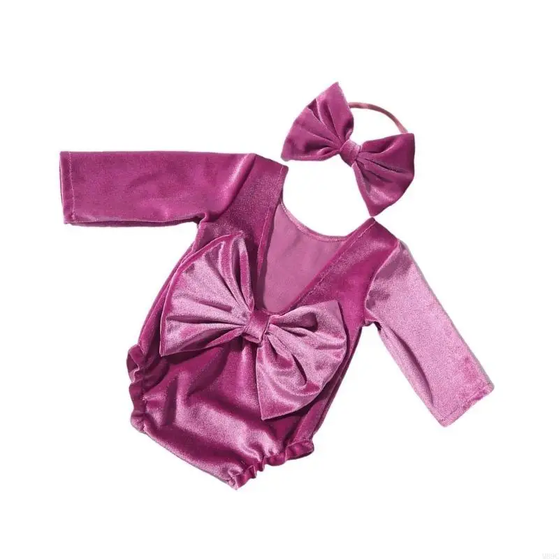 M89C Baby Photography Costume Clothing Bowknot Headband and Romper Photo Clothes Photography Props for Girl 0-1 Month