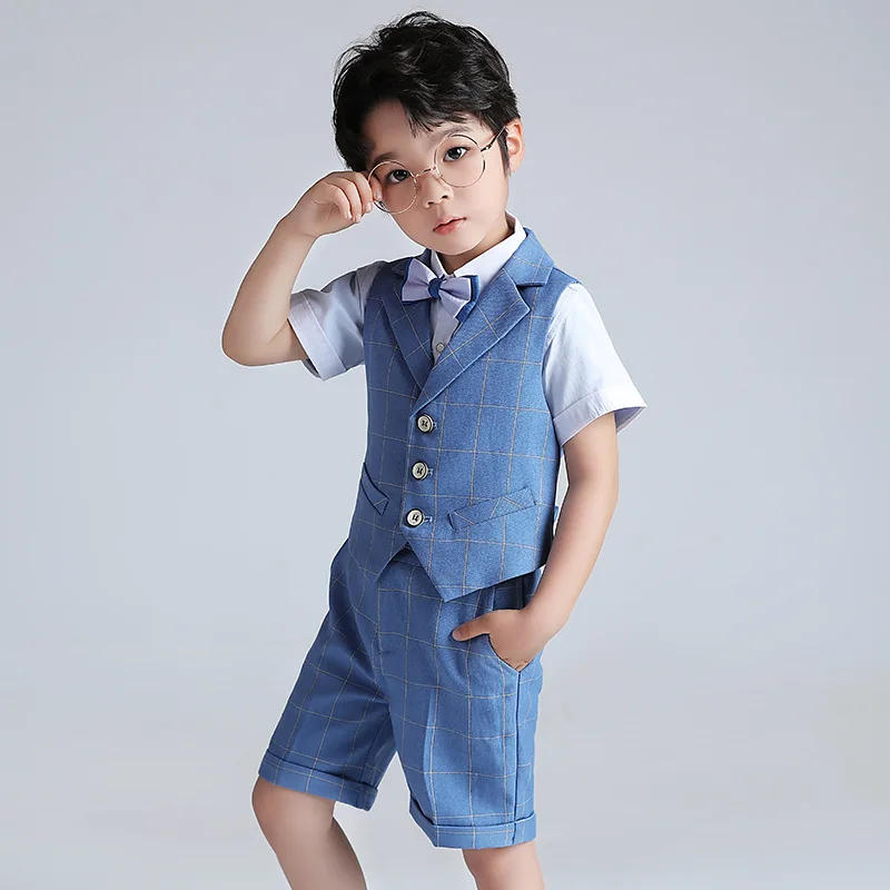 Baby Boys Summer Formal Vest Short Shirt Bowtie Costume Child Wedding Photography Suit School Kids Graduation Ceremony Dress