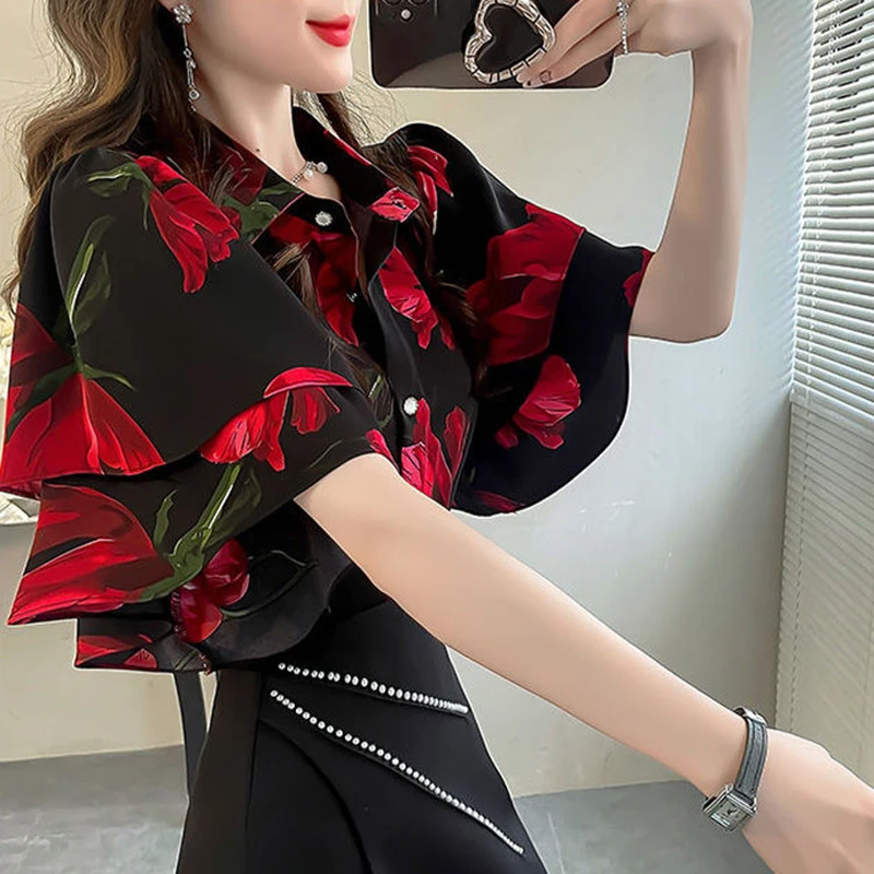 

Elegant Lapel Spliced Printed Butterfly Sleeve Shirts Women's Clothing Summer New Loose Chic Tops Office Lady Blouses