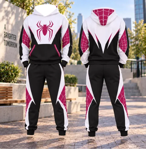 2026/27 Unisex Autumn Winter American Y2K Streetwear Spider Web Hoodie + Jogger Pants 2 Piece Sweat Suit Couple Family Matching