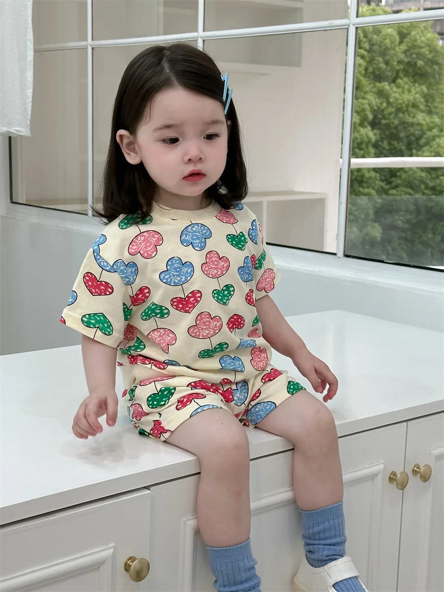 Roupas esportivas de algodão para bebês, conjunto de roupas de manga curta, calções casuais estampados na moda infantil, menino e menina, verão,