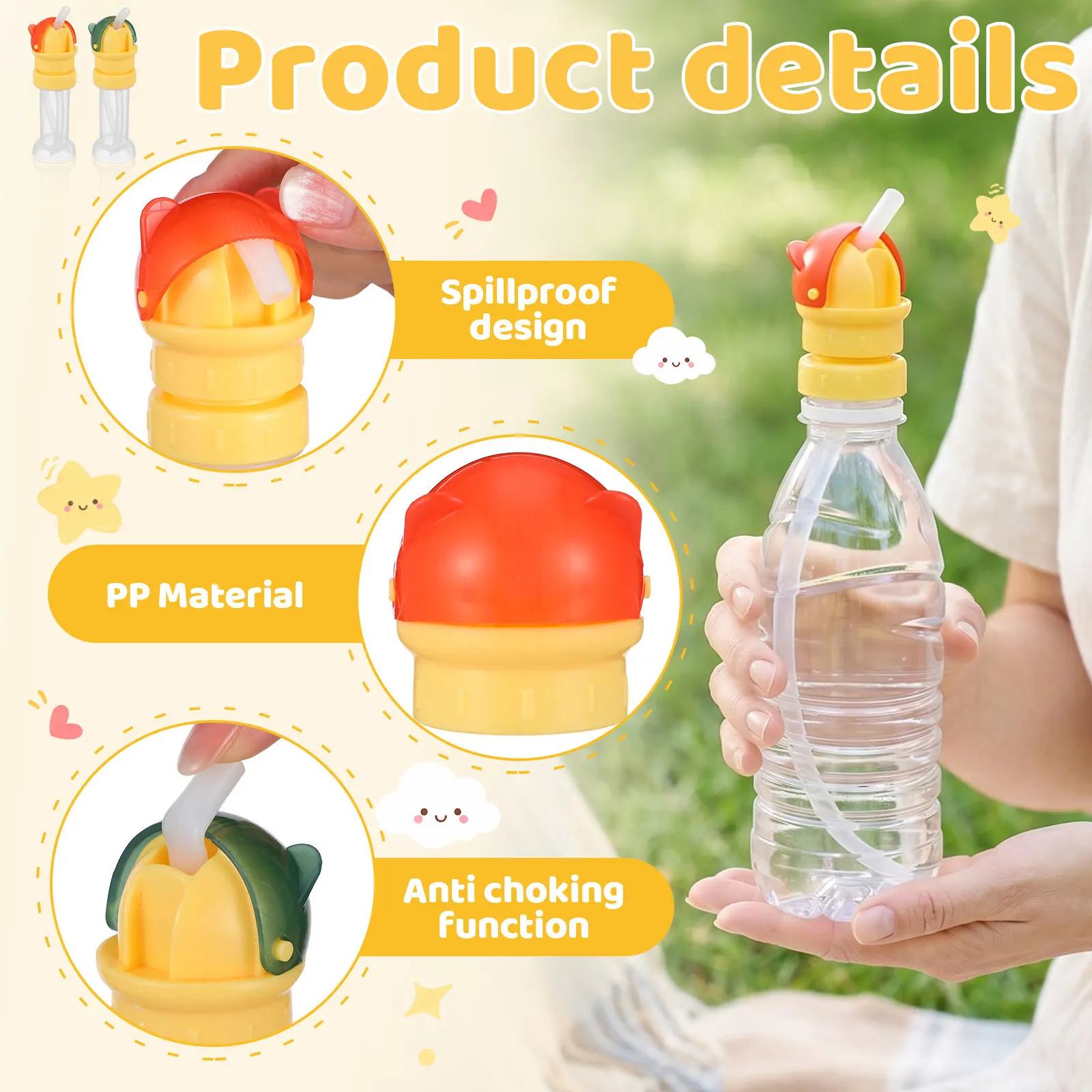 2Pcs Bottle Caps Spillproof Straw Lid Anti-Choking Safety Feature with Storage Container Portable Travel Water Bottle Cover