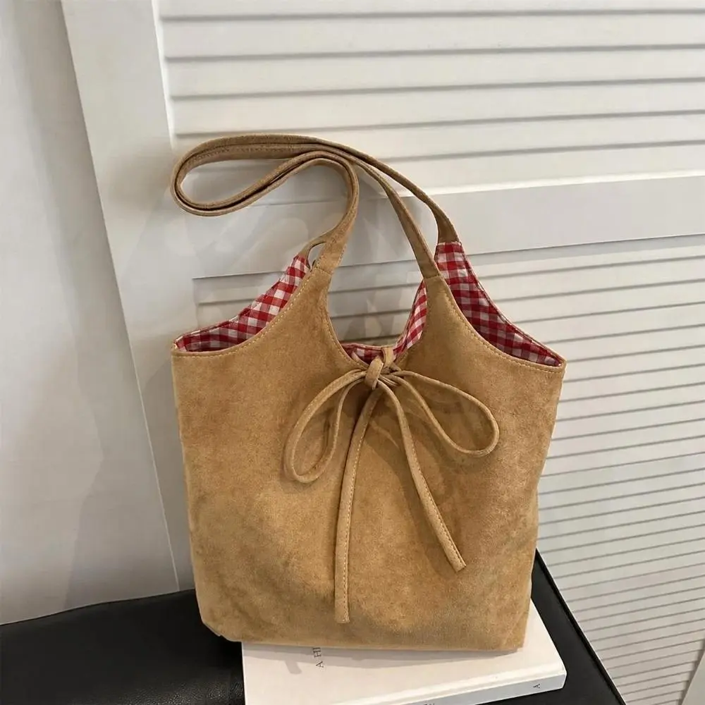 Large Capacity Korean Plaid Tote Bag Plaid Pattern Suede Material Handbag Double-Sided Single Shoulder Women's Shoulder Bag