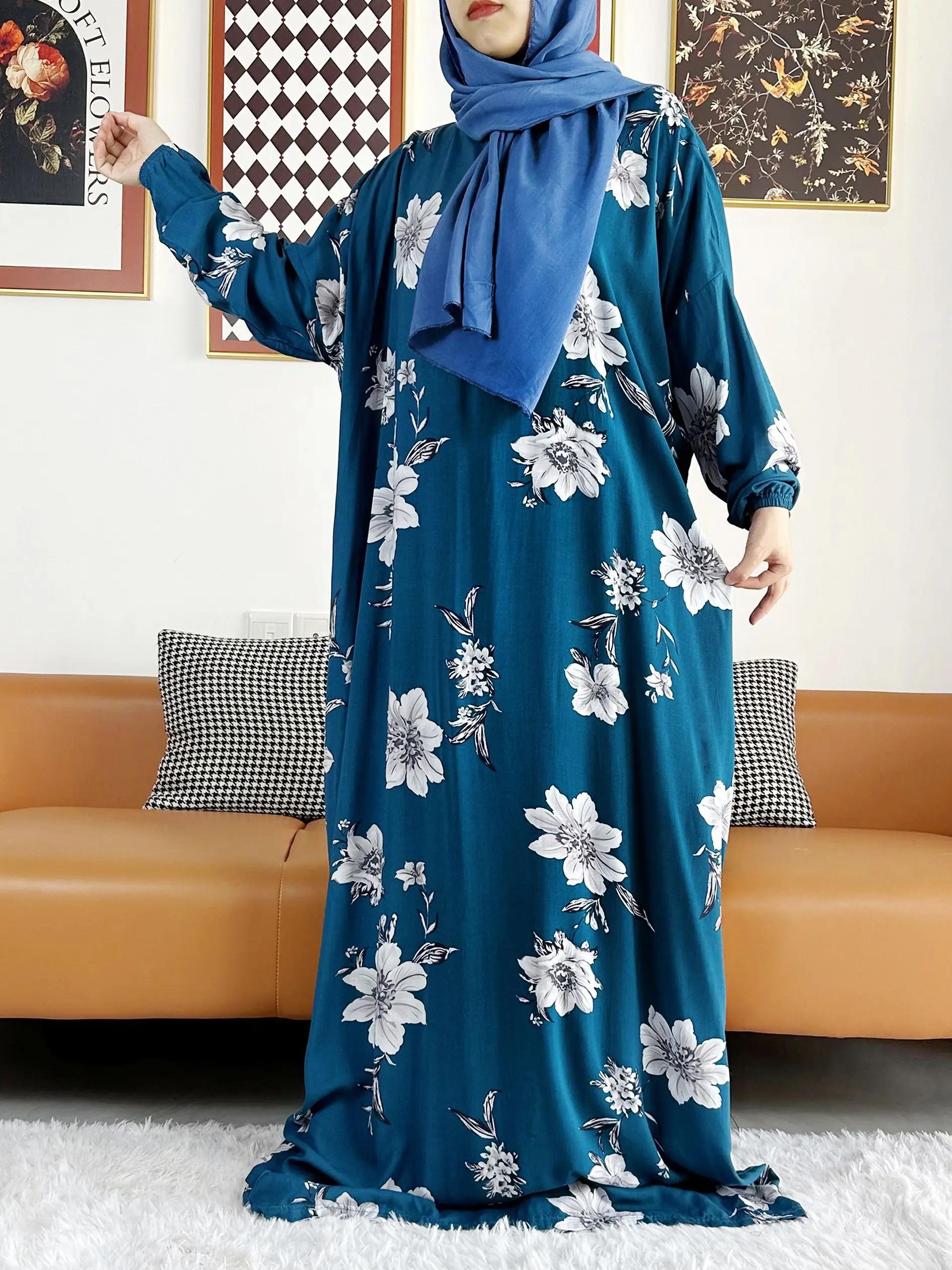 2023  Muslim Rayon Abayas Color Pitch Ramadan Prayer Dubai Turkey Middle East Femme Robe Floral Loose African Dress Turban Joint