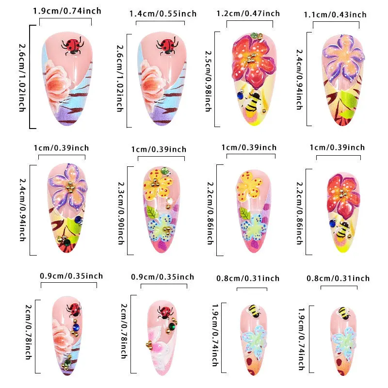 24 Uds. De flores y insectos de colores, juego de uñas postizas con estampado Floral, uñas acrílicas usables, prensa de almendra en puntas de uñas