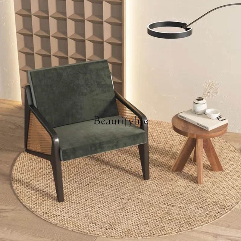 

03lNordic Solid Wood Rattan Couch Hotel Living Room Single Leisure Chair