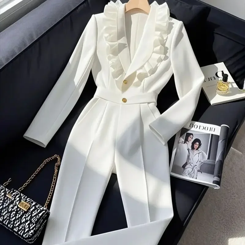 Nieuwe Mode Elegante Jumpsuit Vrouwen High End Lente Ruches Slanke Hoge Taille Lange Mouw Wijde Pijpen Broek Office Lady Formele Pak