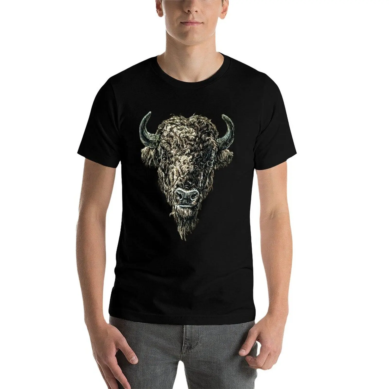 تي شيرت رجالي من Bison head تي شيرت مطبوع من القطن الثقيل تي شيرت للرجال