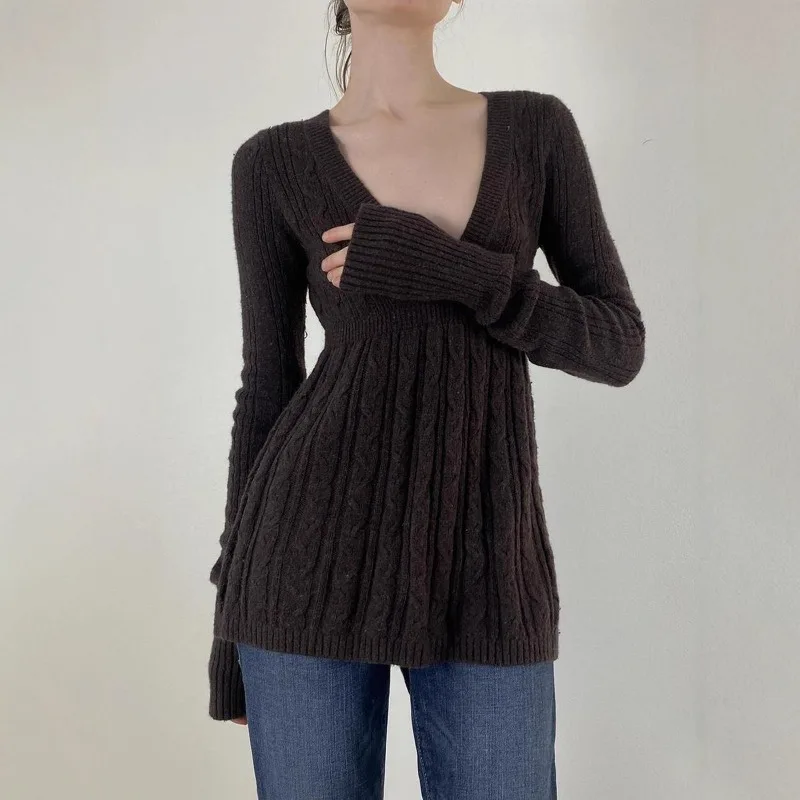 بلوزة صوفية ملتوية للنساء، سترة محبوكة، رقبة على شكل حرف V منخفضة القطع، أكمام طويلة، طراز قديم، مريح، نمط كاجوال، جديد