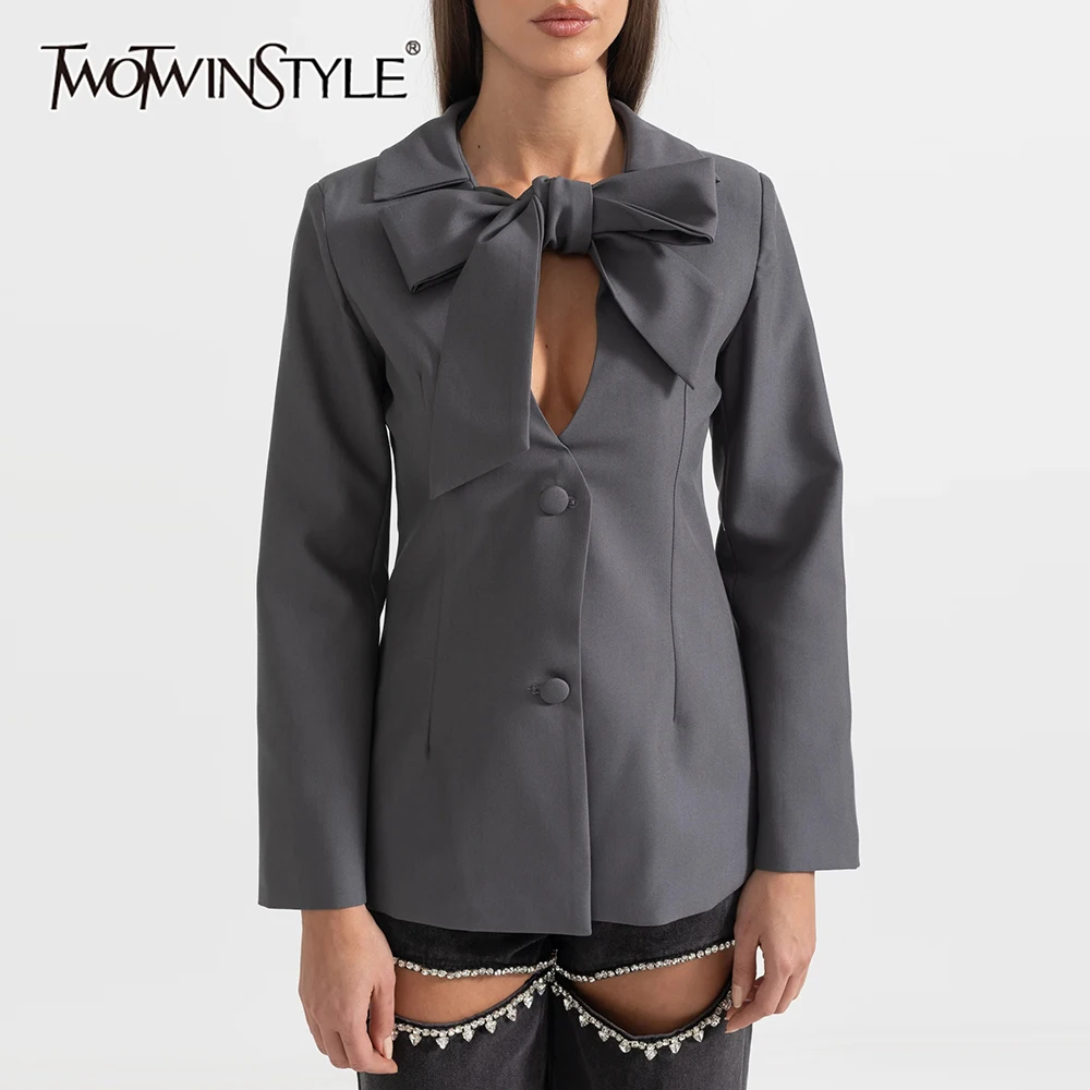 

TWOTWINSTYLE Solid Spliced Bows Elegant Blazer for Women Lapel Long Sleeves Patchwork Single Breasted Coat Female Clothing New