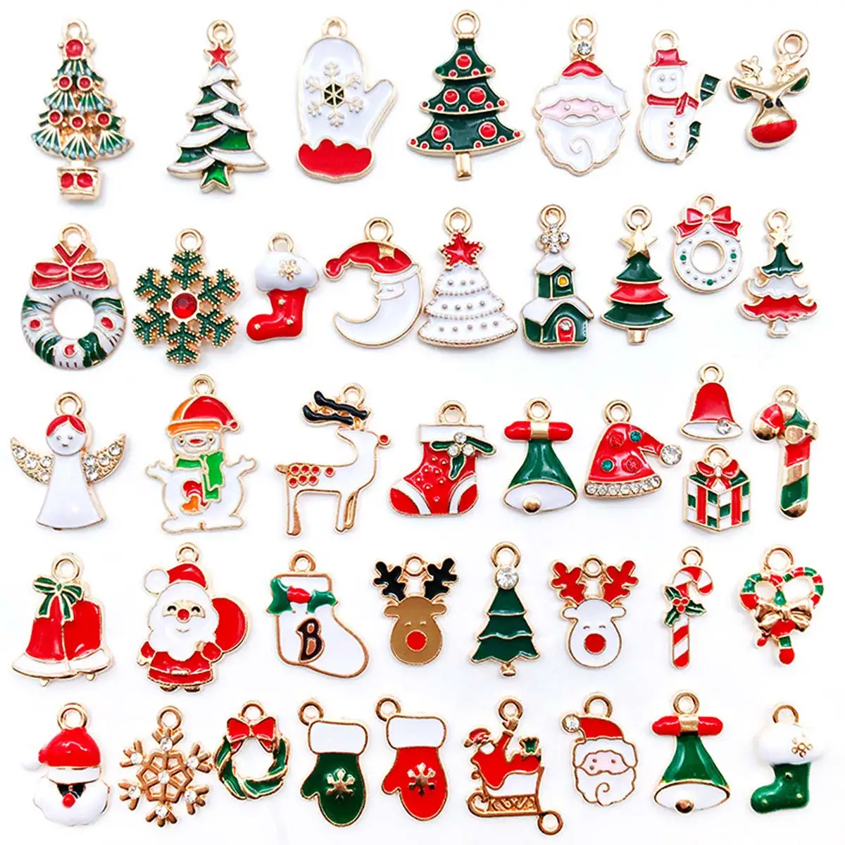 

100Pcs Mixed Enamel Rhinestone Santa Claus Deer Bell Shoe Christmas Xmas Theme Pendants Jewelry DIY Charms