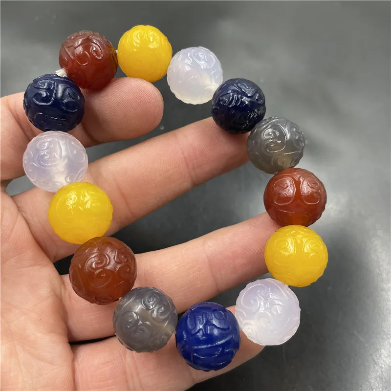 14Mm Colorful Patterned Carved Round Men, Multi-Bead Agate Bracelet